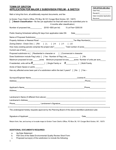 First page of the Major Subdivision Level 2 Application