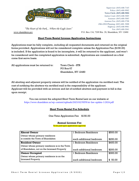 First page of the Short Term Rental License Application