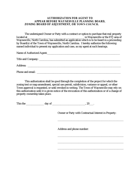 First page of the Authorization for Agent to Appear Before Planning Board, Zoning Board of Adjustment, or Town Council