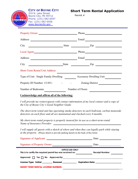 First page of the Short Term Rental Application