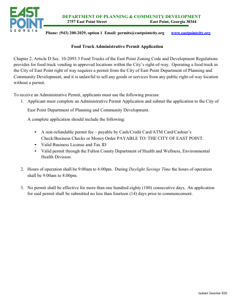 First page of the Food Truck Administrative Permit Application