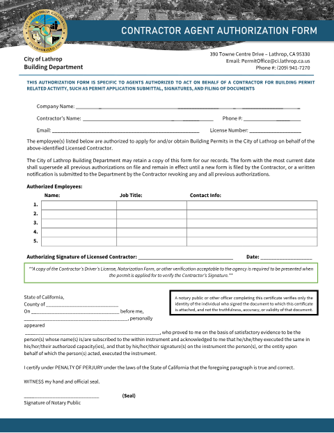 First page of the Contractor Agent Authorization Form