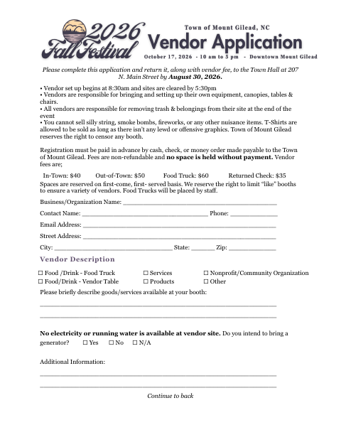 First page of the Fall Festival Vendor Application