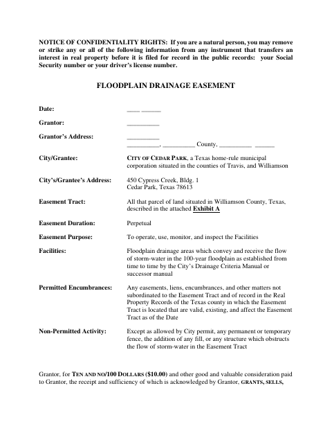 First page of the Floodplain Drainage Easement