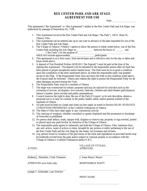 First page of the Rex Center Park and Ark Stage Agreement for Use