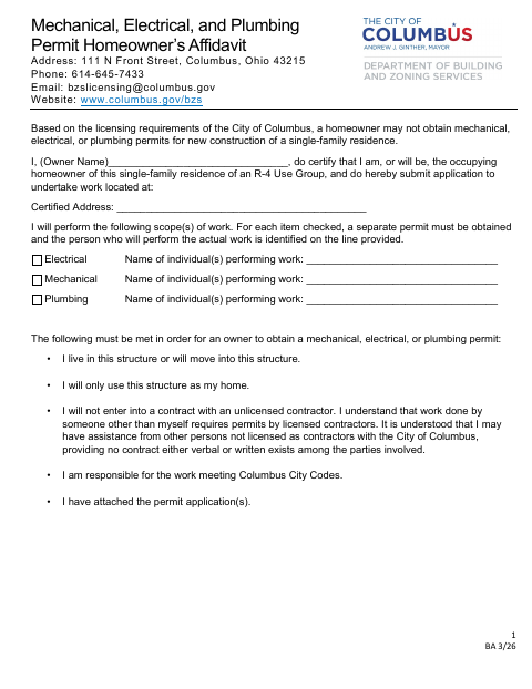 First page of the Mechanical, Electrical, and Plumbing Permit Homeowner’s Affidavit