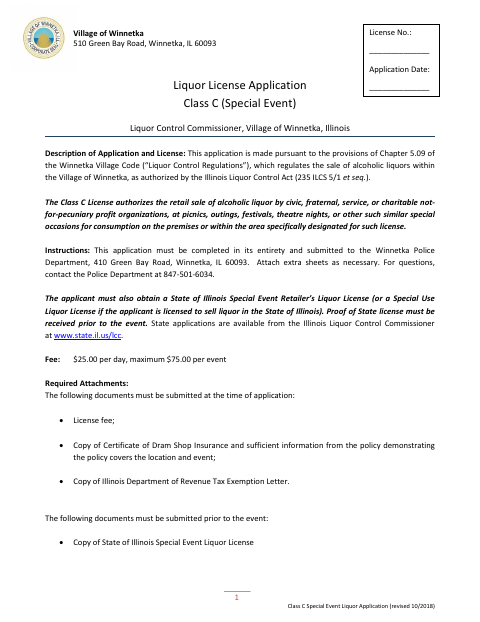 First page of the Class C Special Event Liquor Application