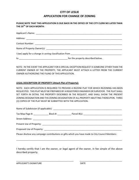 First page of the Application for Change of Zoning