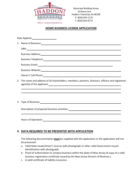First page of the Home Business License Application