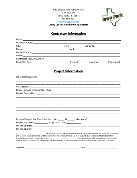 First page of the Utility Construction Permit Application