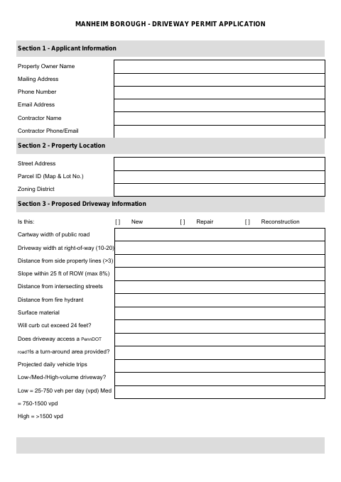 First page of the Driveway Permit Application