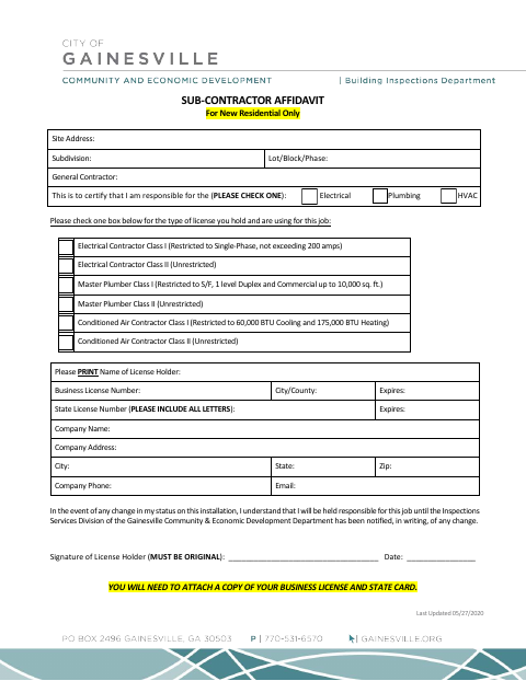 First page of the Residential Subcontractor Affidavit