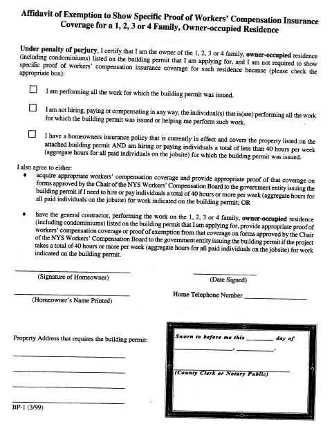 First page of the Affidavit of Exemption to Show Specific Proof of Workers' Compensation Insurance