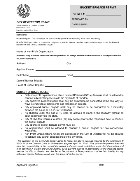 First page of the Bucket Brigade Permit Application