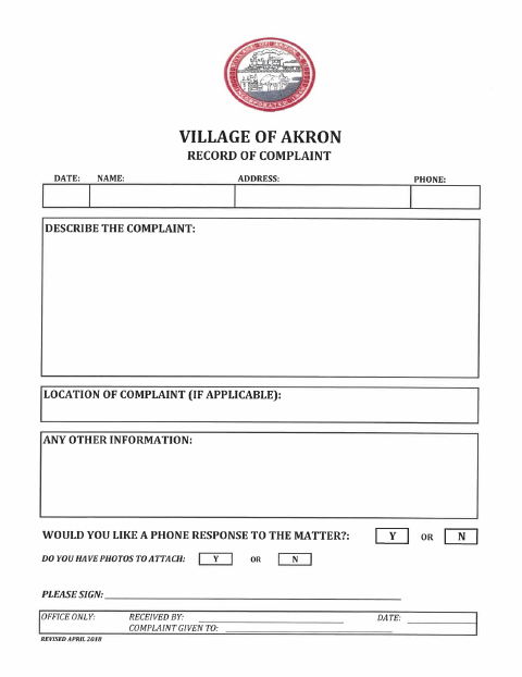 First page of the Record of Complaint