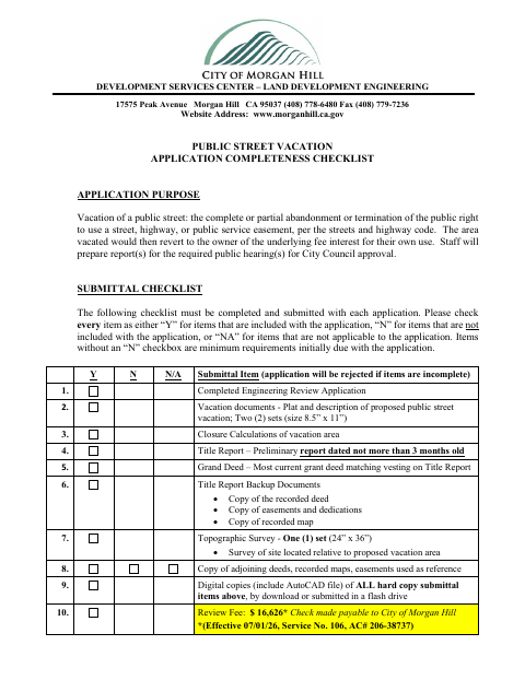 First page of the Public Street Vacation Application Completeness Checklist