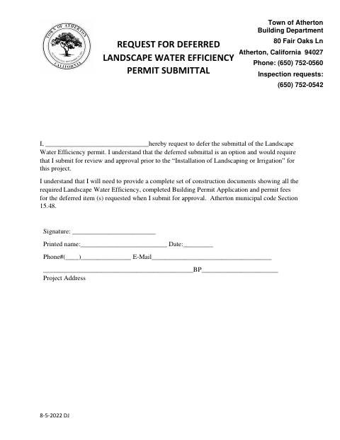First page of the Request for Deferred Landscape Water Efficiency Permit Submittal