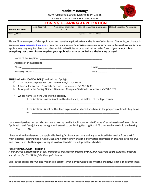First page of the Zoning Hearing Application