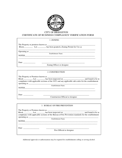 First page of the Certificate of Business Compliance Verification Form