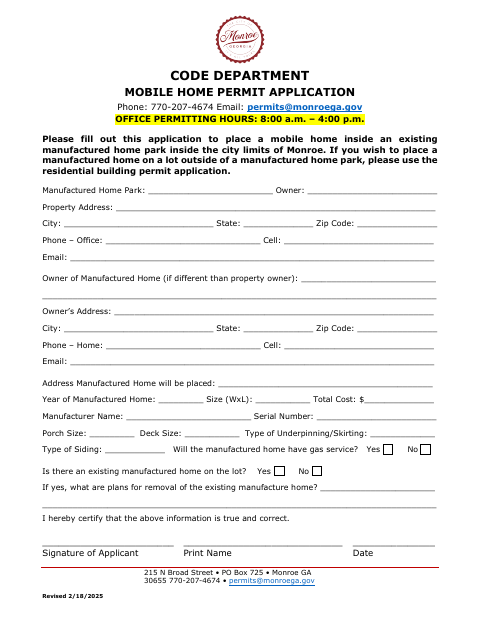 First page of the Mobile Home Permit Application