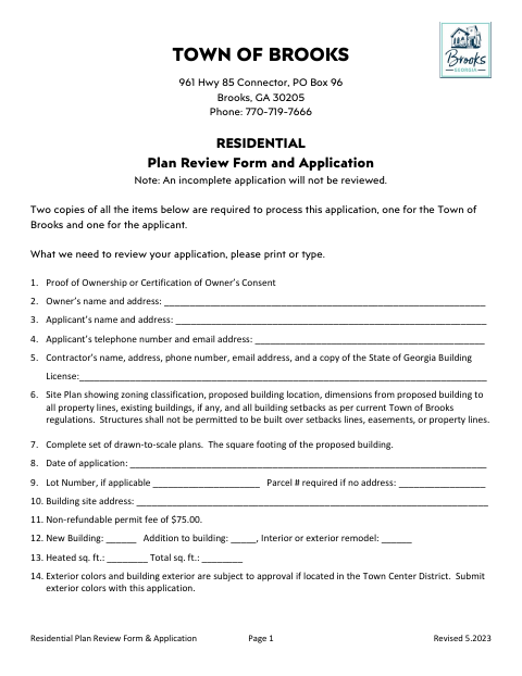First page of the Residential Plan Review Form and Application