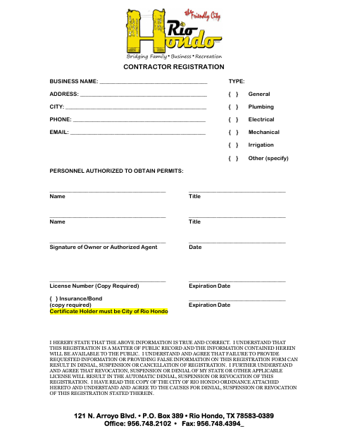 First page of the Contractor Registration