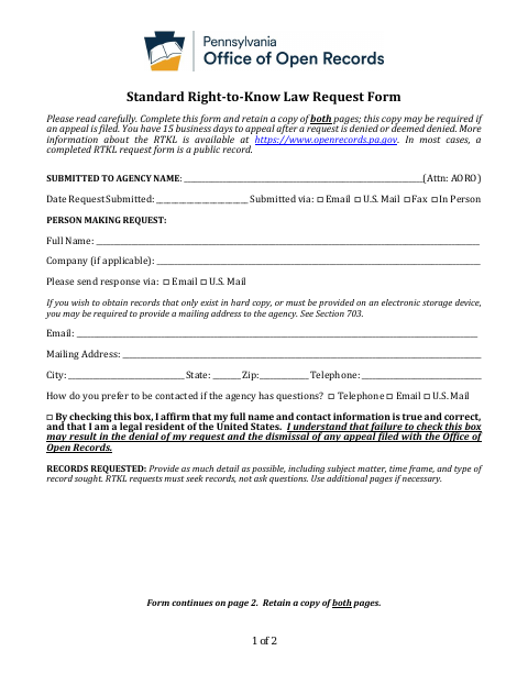 First page of the Standard Right-to-Know Law Request Form