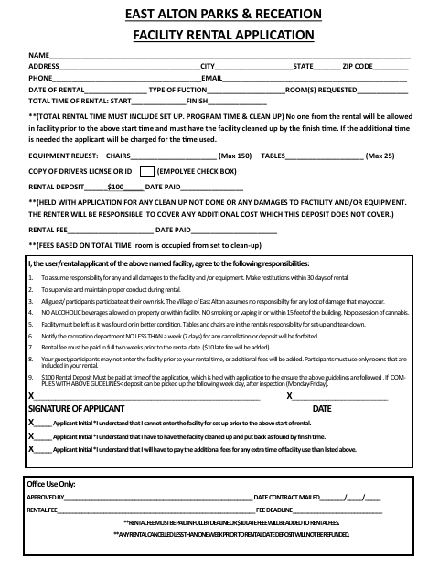 First page of the Parks & Recreation Facility Rental Application