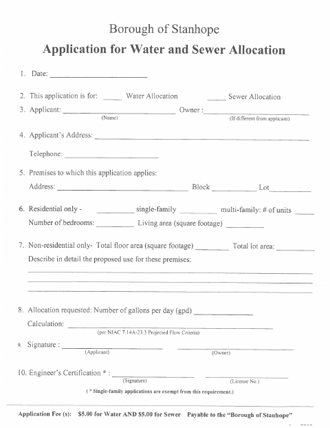 First page of the Water and Sewer Allocation Application