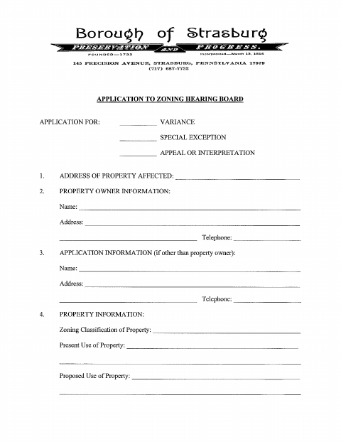 First page of the Zoning Hearing Board Special Exception/Variance Application