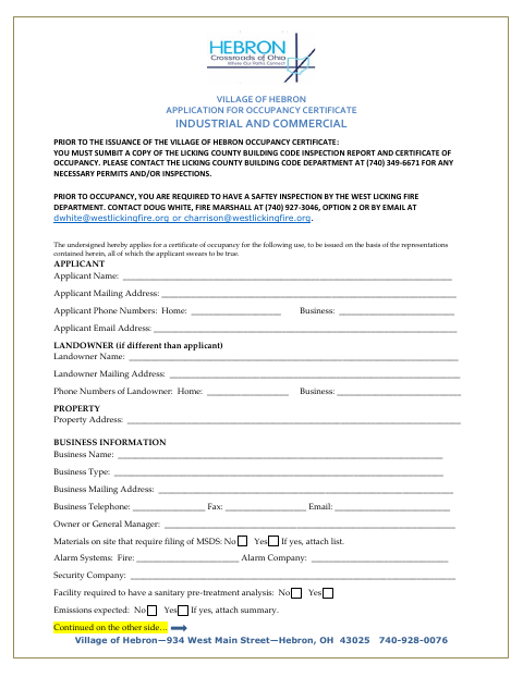 First page of the Industrial and Commercial Occupancy Certificate Application