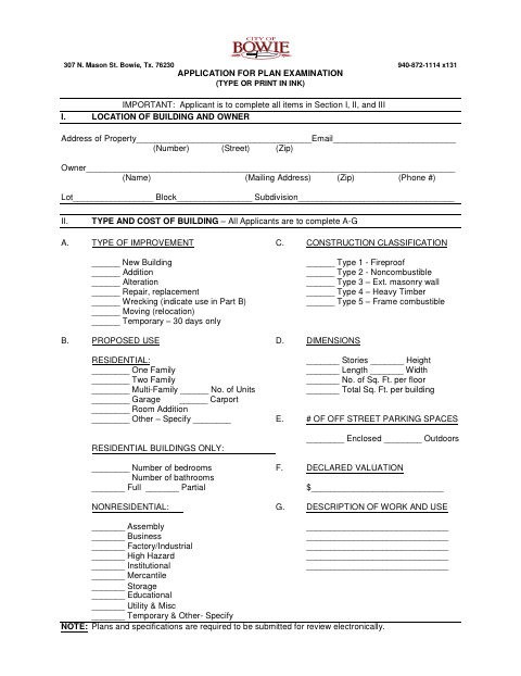 First page of the Application for Plan Examination