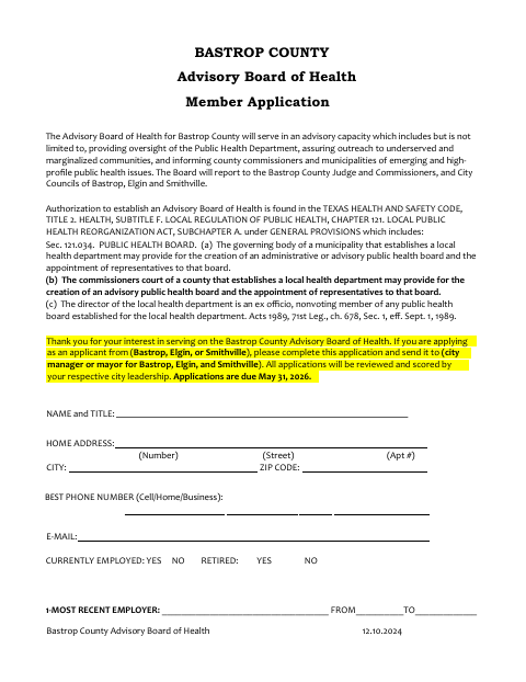 First page of the Advisory Board of Health Member Application