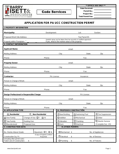 First page of the Application for PA UCC Construction Permit