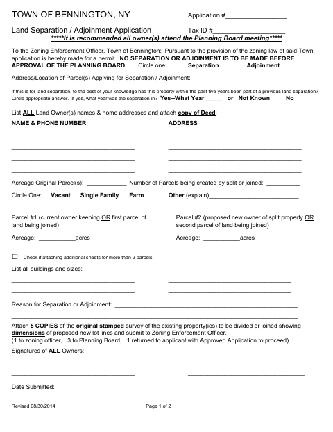 First page of the Land Separation / Adjoinment Application