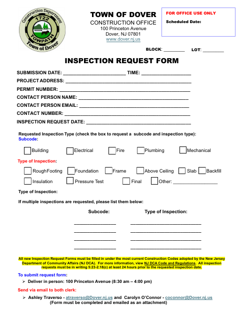 First page of the Inspection Request Form