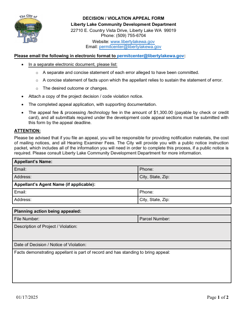 First page of the Decision / Violation Appeal Form