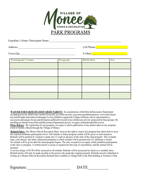 First page of the Park Programs Registration Form