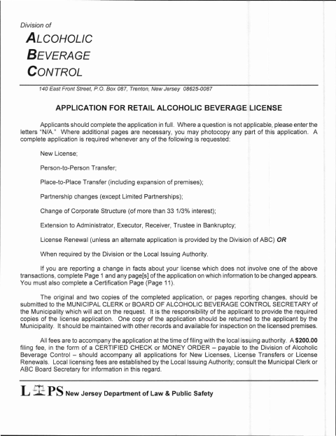 First page of the Retail Liquor License Application
