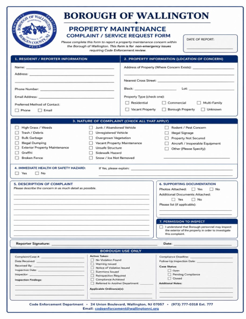First page of the Property Maintenance Complaint Form