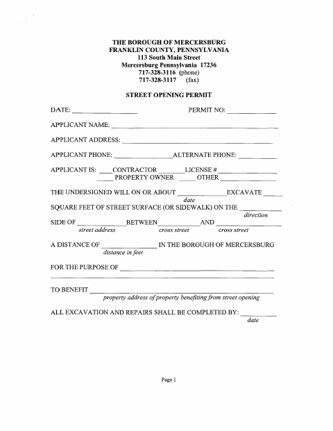 First page of the Street Opening Permit