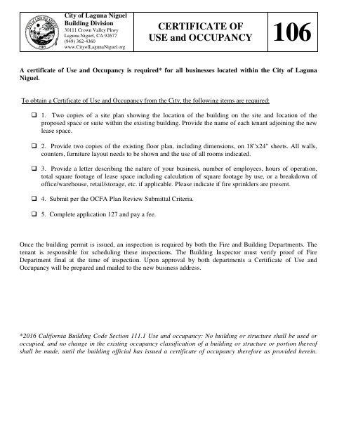 First page of the Certificate of Use and Occupancy Application