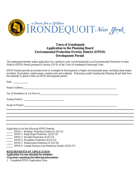 First page of the Environmental Protection Overlay District Development Permit Application
