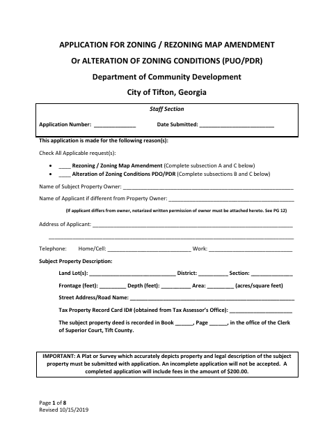 First page of the Rezoning and Zoning Conditions Application