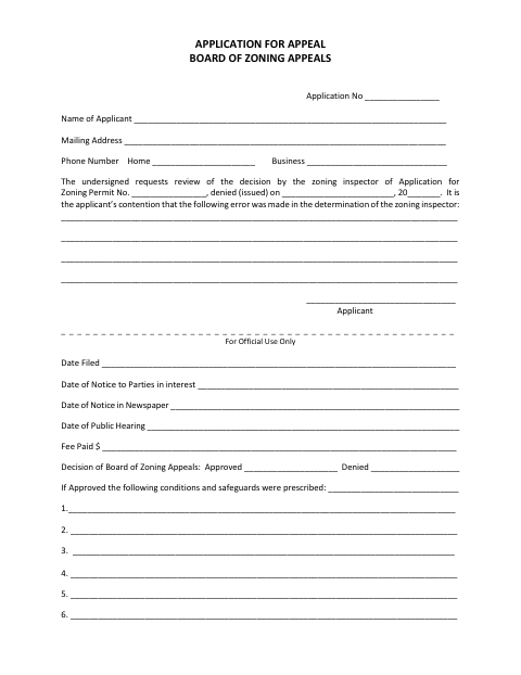 First page of the Application for Zoning Appeal