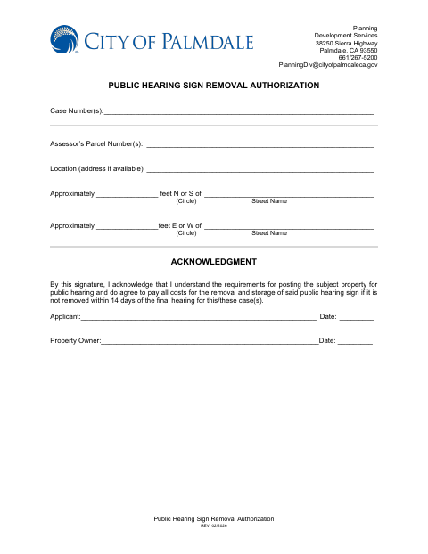 First page of the Public Hearing Sign Removal Authorization