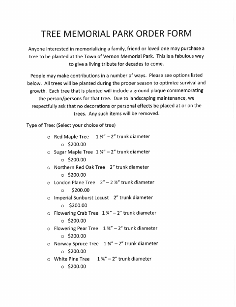 First page of the Tree Memorial Park Order Form
