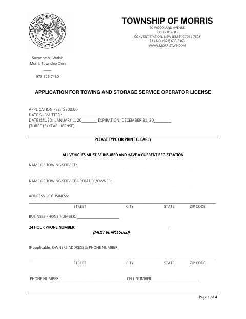First page of the Towing and Storage Service Operator License Application