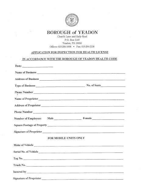 First page of the Health License Application