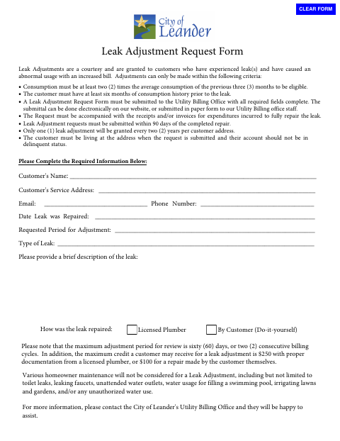 First page of the Leak Adjustment Request Form